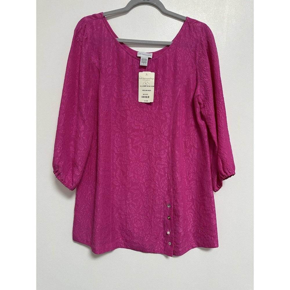 NWT Soft Surroundings 100% Silk Blouse Medium Pink Jacquard Long Sleeve Artsy
